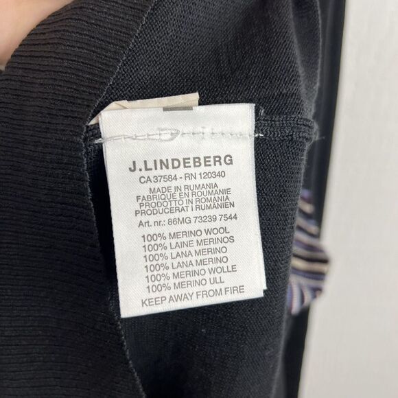 J. Lindeberg Sweater M Mens Black Striped V Neck Merino Wool Lightweight - Picture 5 of 7